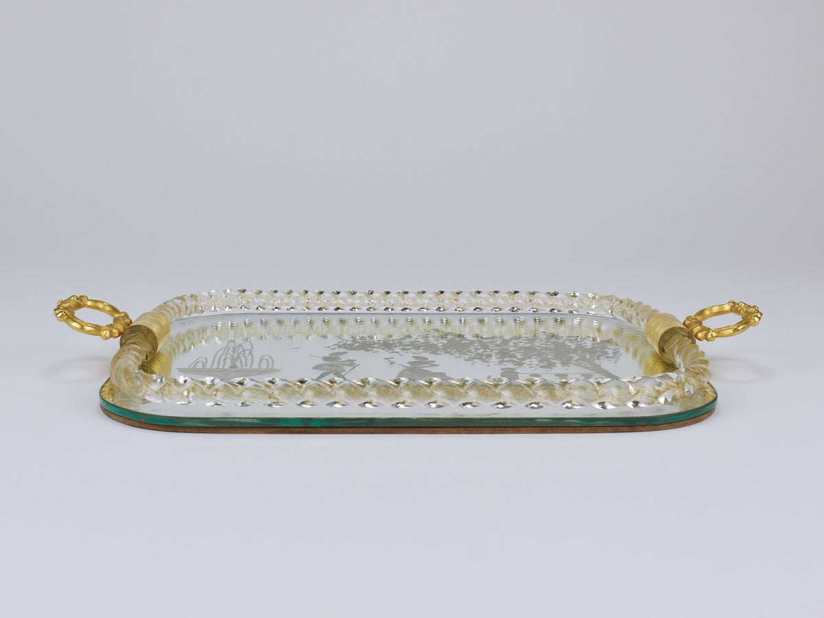 Plateau de service miroir Ercole Barovier en verre de Murano tourbillonnant, Venise, années 1940