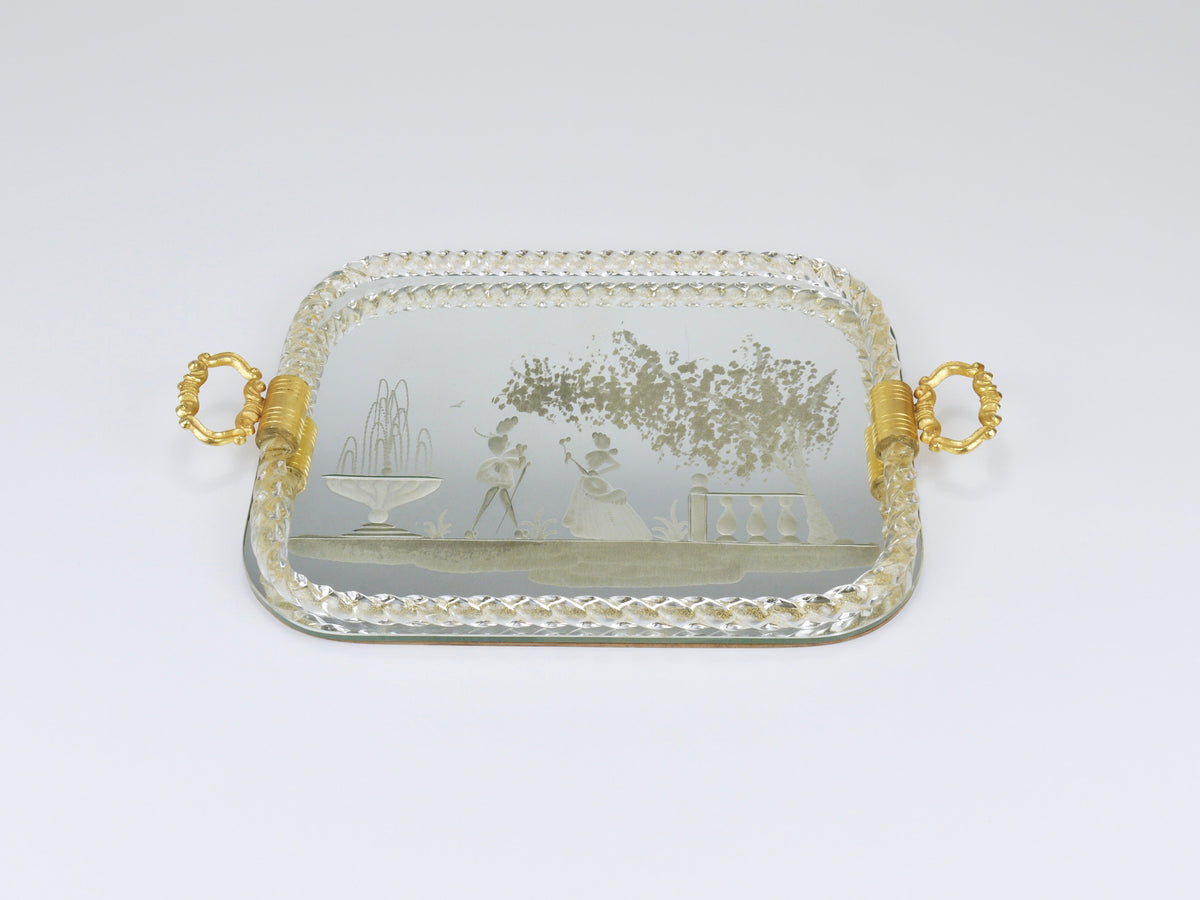 Plateau de service miroir Ercole Barovier en verre de Murano tourbillonnant, Venise, années 1940