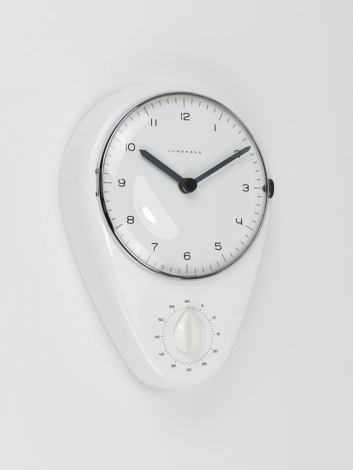 Max Bill White Wall Clock & Timer Mid-Century Modern, Junghans Germany, 1950s