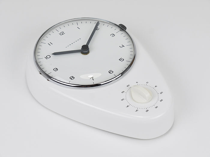 Max Bill White Wall Clock & Timer Mid-Century Modern, Junghans Germany, 1950s