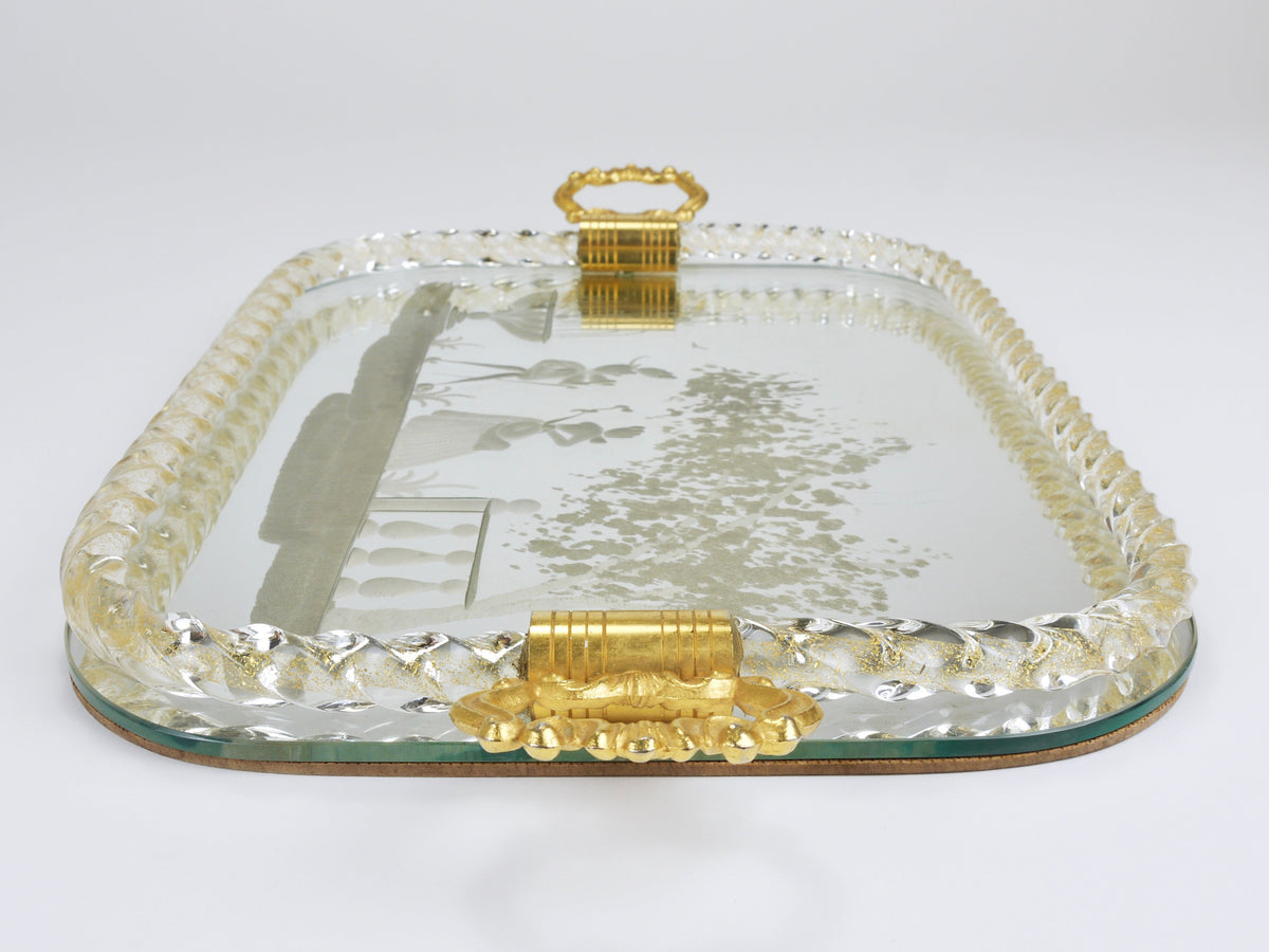Plateau de service miroir Ercole Barovier en verre de Murano tourbillonnant, Venise, années 1940