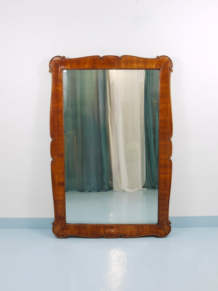 Large 59" Biedermeier Carved & Scalloped Cherry Wood Wall Mirror, Vienna, 1850