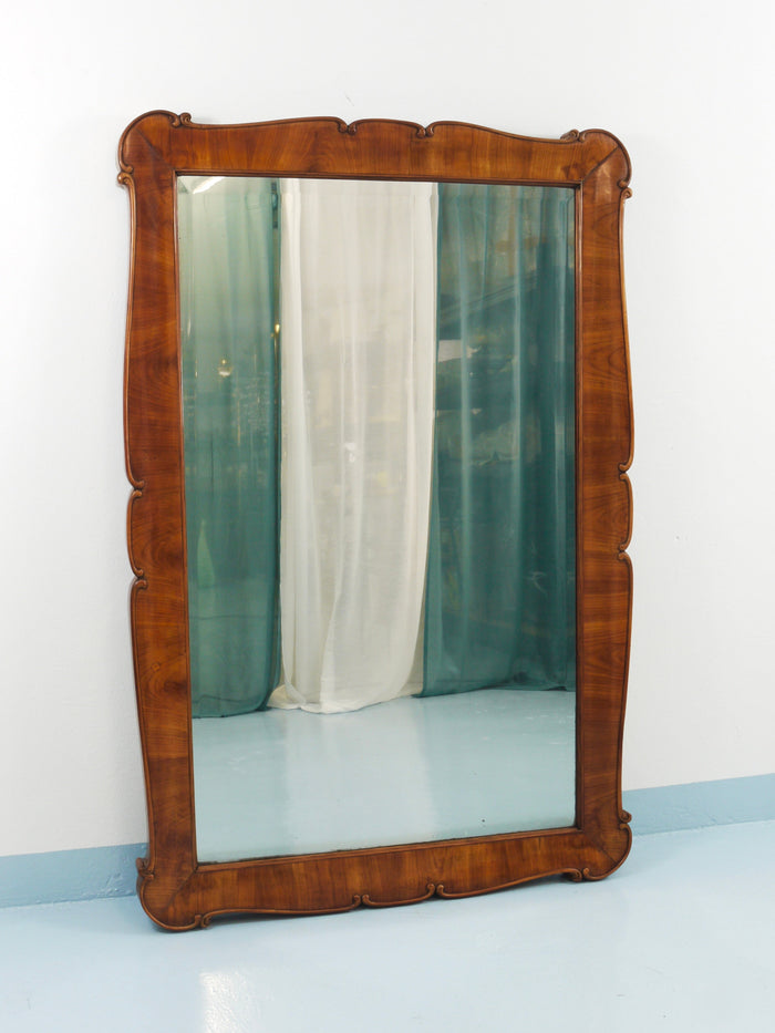 Large 59" Biedermeier Carved & Scalloped Cherry Wood Wall Mirror, Vienna, 1850