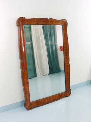 Large 59" Biedermeier Carved & Scalloped Cherry Wood Wall Mirror, Vienna, 1850