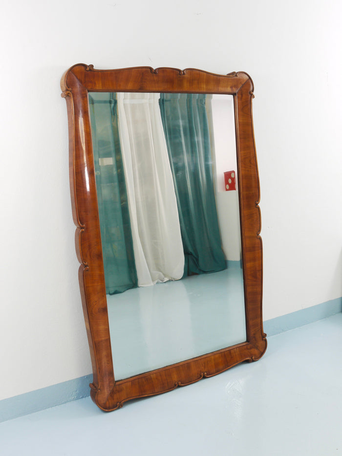 Large 59" Biedermeier Carved & Scalloped Cherry Wood Wall Mirror, Vienna, 1850