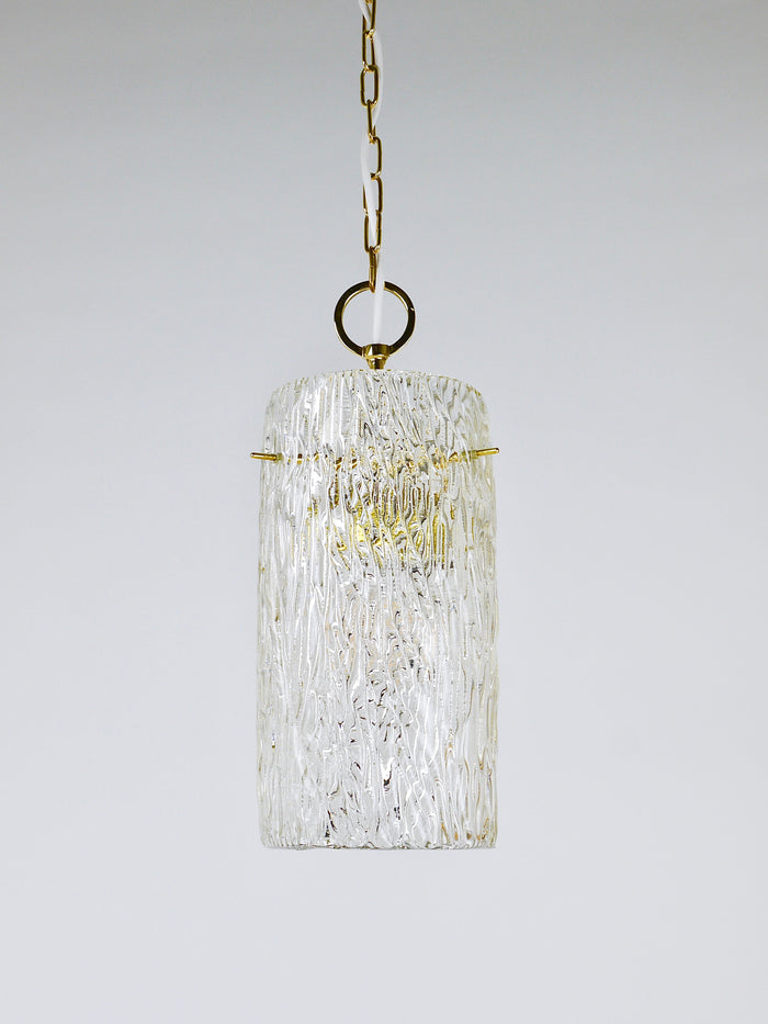 J.T. Kalmar Vienna Midcentury Textured Glass Tube Brass Pendant Lamp, Austria