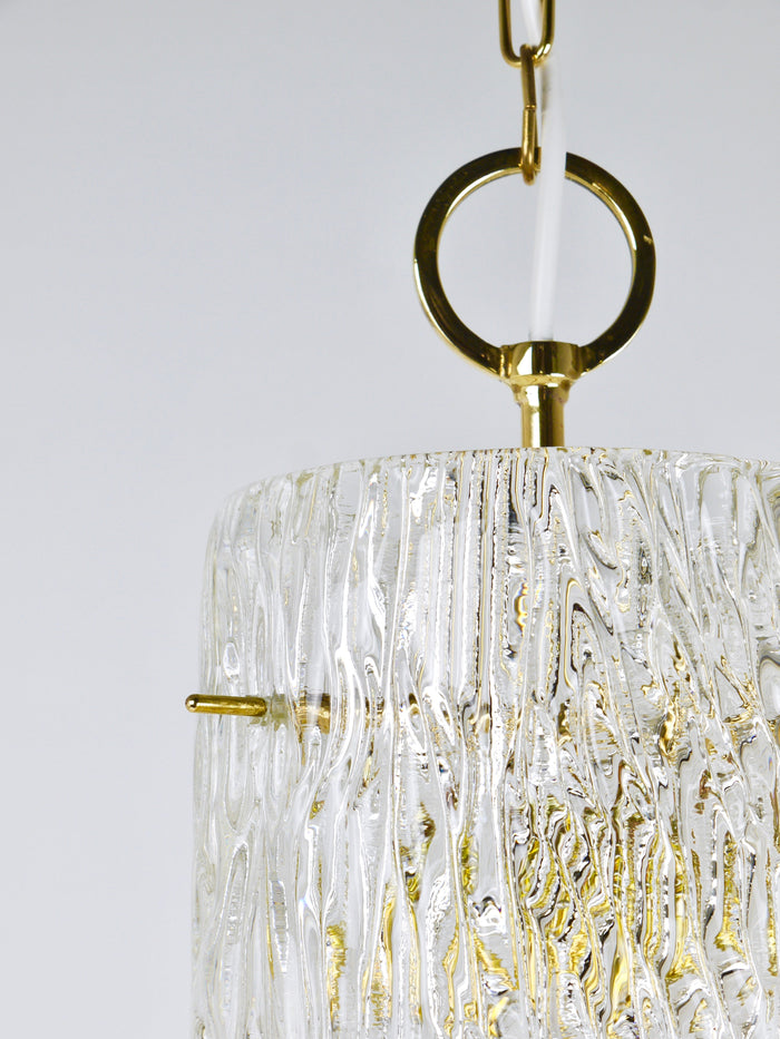 J.T. Kalmar Vienna Midcentury Textured Glass Tube Brass Pendant Lamp, Austria