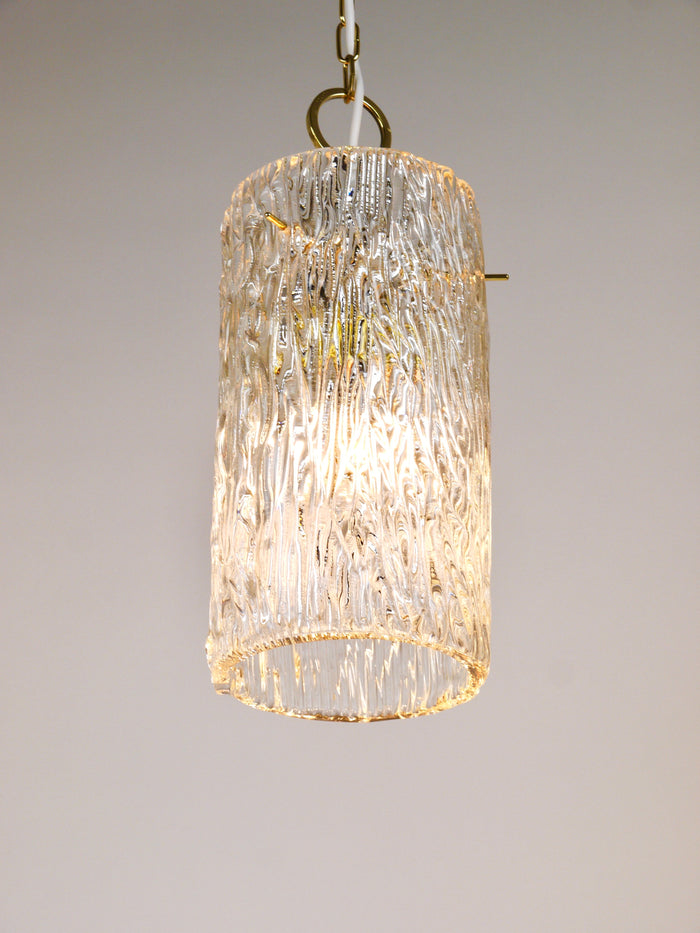 J.T. Kalmar Vienna Midcentury Textured Glass Tube Brass Pendant Lamp, Austria