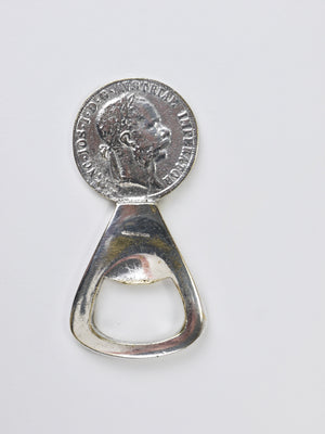 Décapsuleur Carl Auböck en laiton argenté, pièce Habsburg de 2 florins, Autriche 1950