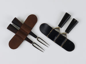 Carl Aubock Pair Forks, Horn, Brass, Leather Holder, Corn Cob Skewers, 1930s