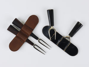 Carl Aubock Pair Forks, Horn, Brass, Leather Holder, Corn Cob Skewers, 1930s