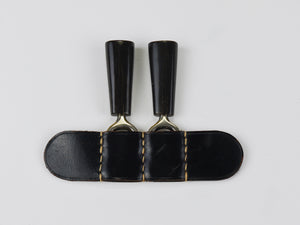 Carl Aubock Pair Forks, Horn, Brass, Leather Holder, Corn Cob Skewers, 1930s
