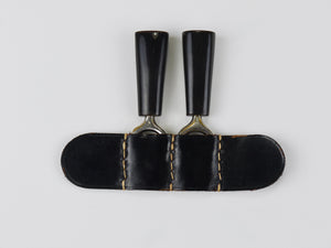 Carl Aubock Pair Forks, Horn, Brass, Leather Holder, Corn Cob Skewers, 1930s