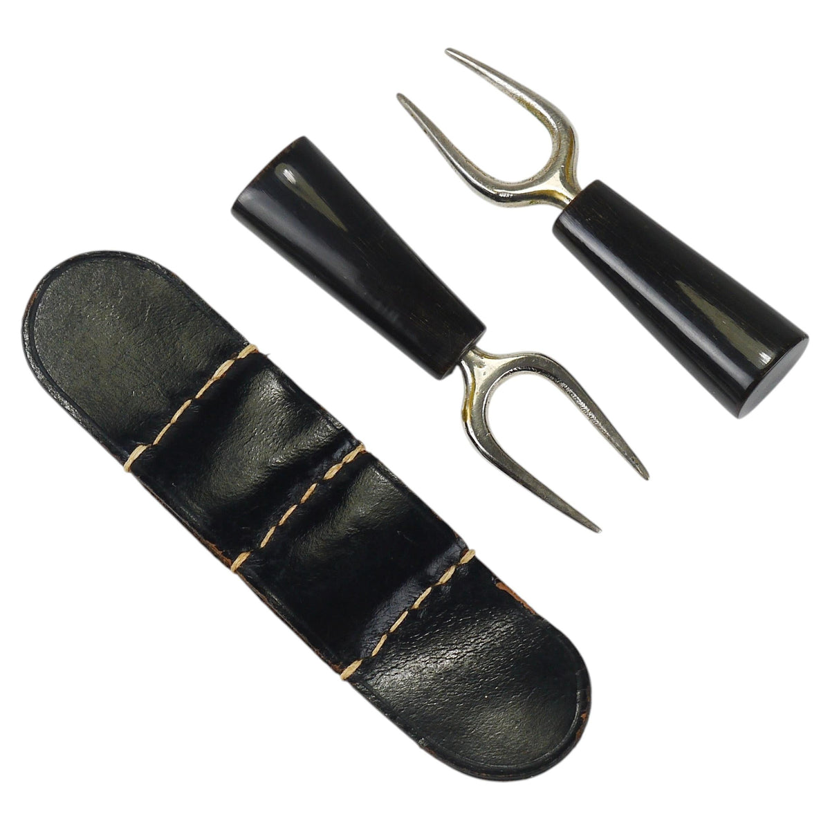 Carl Aubock Pair Forks, Horn, Brass, Leather Holder, Corn Cob Skewers, 1930s