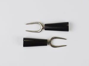 Carl Aubock Pair Forks, Horn, Brass, Leather Holder, Corn Cob Skewers, 1930s