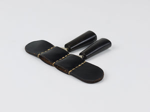 Carl Aubock Pair Forks, Horn, Brass, Leather Holder, Corn Cob Skewers, 1930s
