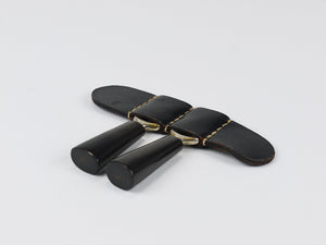 Carl Aubock Pair Forks, Horn, Brass, Leather Holder, Corn Cob Skewers, 1930s