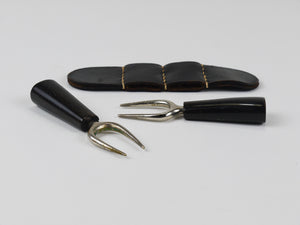 Carl Aubock Pair Forks, Horn, Brass, Leather Holder, Corn Cob Skewers, 1930s