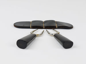 Carl Aubock Pair Forks, Horn, Brass, Leather Holder, Corn Cob Skewers, 1930s