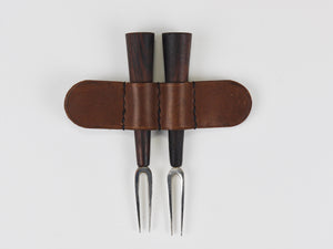 Carl Aubock Pair Forks, Brass, Leather Holder, Corn Cob Skewers, Vienna, 1930s