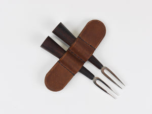 Carl Aubock Pair Forks, Brass, Leather Holder, Corn Cob Skewers, Vienna, 1930s