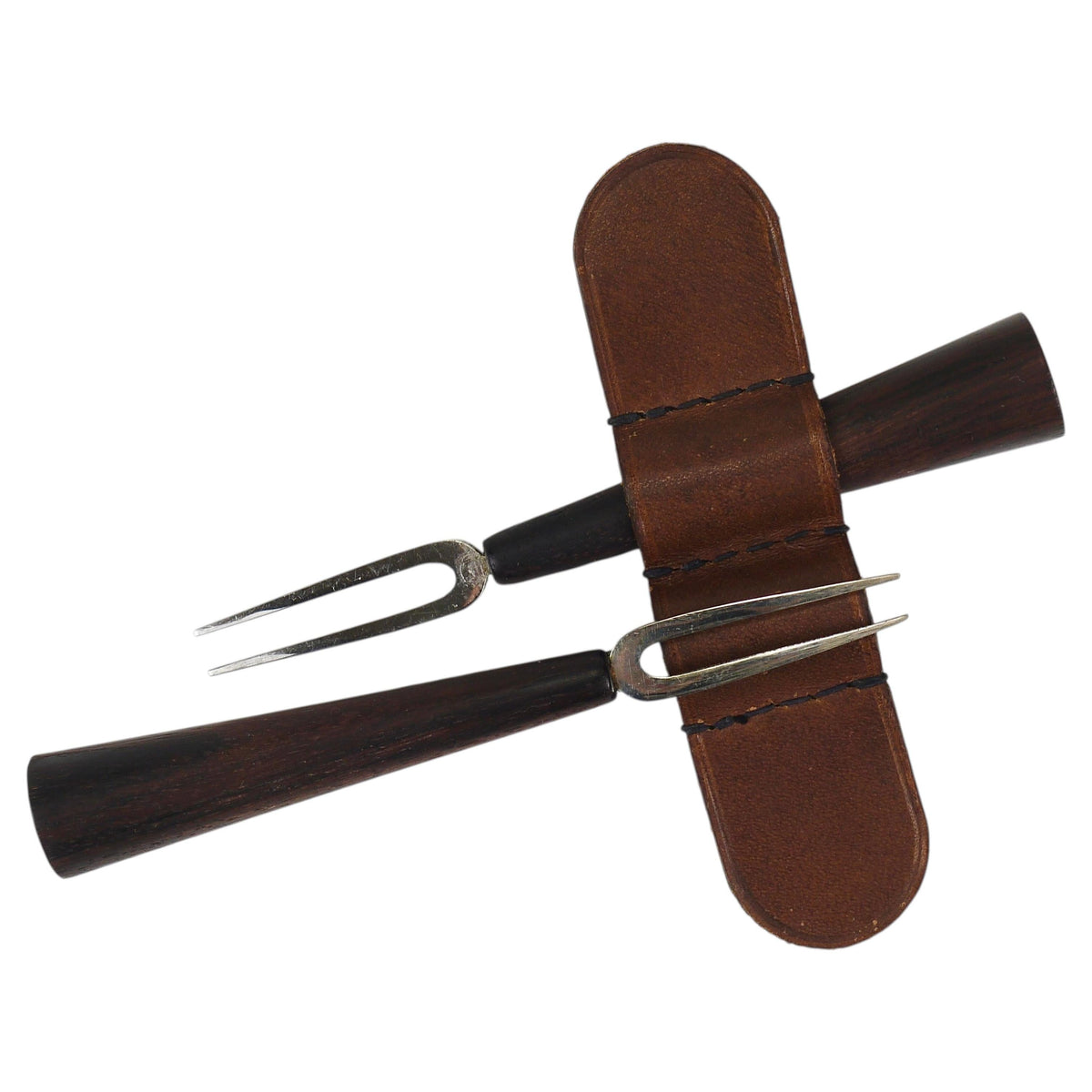 Carl Aubock Pair Forks, Brass, Leather Holder, Corn Cob Skewers, Vienna, 1930s