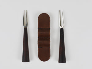 Carl Aubock Pair Forks, Brass, Leather Holder, Corn Cob Skewers, Vienna, 1930s
