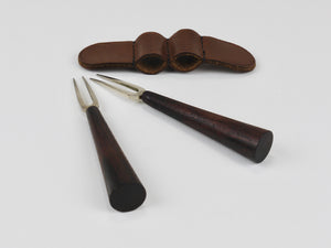 Carl Aubock Pair Forks, Brass, Leather Holder, Corn Cob Skewers, Vienna, 1930s
