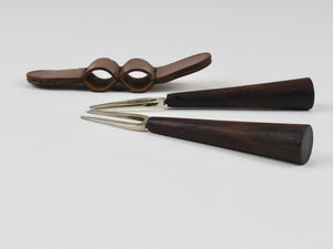 Carl Aubock Pair Forks, Brass, Leather Holder, Corn Cob Skewers, Vienna, 1930s