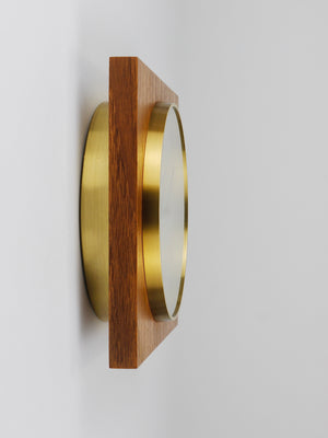 Max Bill Junghans Midcentury Square Wall Clock, Wood, Brass, Germany, 1960s