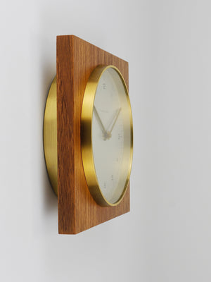 Max Bill Junghans Midcentury Square Wall Clock, Wood, Brass, Germany, 1960s