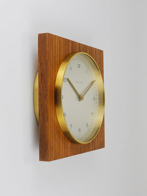 Max Bill Junghans Midcentury Square Wall Clock, Wood, Brass, Germany, 1960s