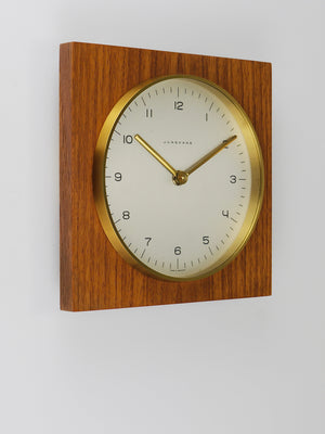 Max Bill Junghans Midcentury Square Wall Clock, Wood, Brass, Germany, 1960s