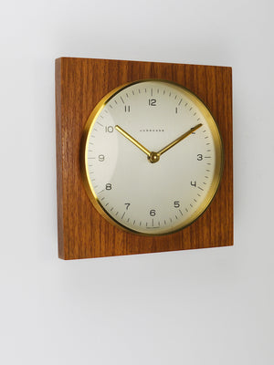Max Bill Junghans Midcentury Square Wall Clock, Wood, Brass, Germany, 1960s