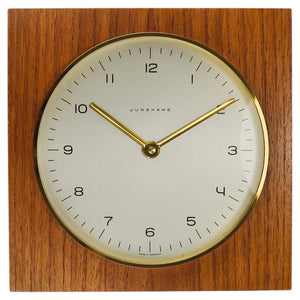 Max Bill Junghans Midcentury Square Wall Clock, Wood, Brass, Germany, 1960s