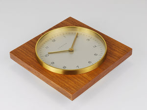 Max Bill Junghans Midcentury Square Wall Clock, Wood, Brass, Germany, 1960s