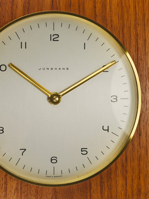 Max Bill Junghans Midcentury Square Wall Clock, Wood, Brass, Germany, 1960s