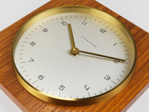 Max Bill Junghans Midcentury Square Wall Clock, Wood, Brass, Germany, 1960s