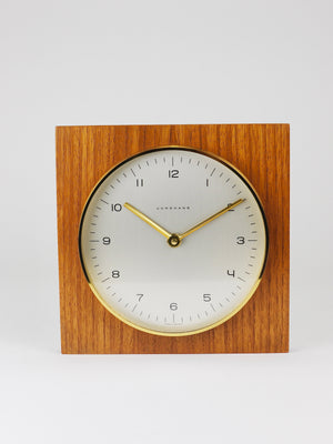 Max Bill Junghans Midcentury Square Wall Clock, Wood, Brass, Germany, 1960s