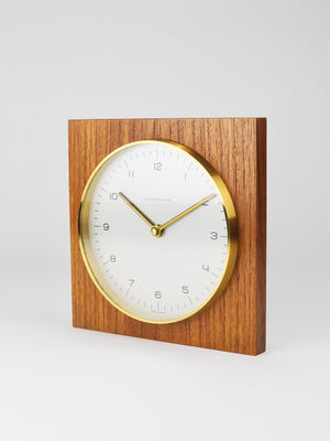 Max Bill Junghans Midcentury Square Wall Clock, Wood, Brass, Germany, 1960s
