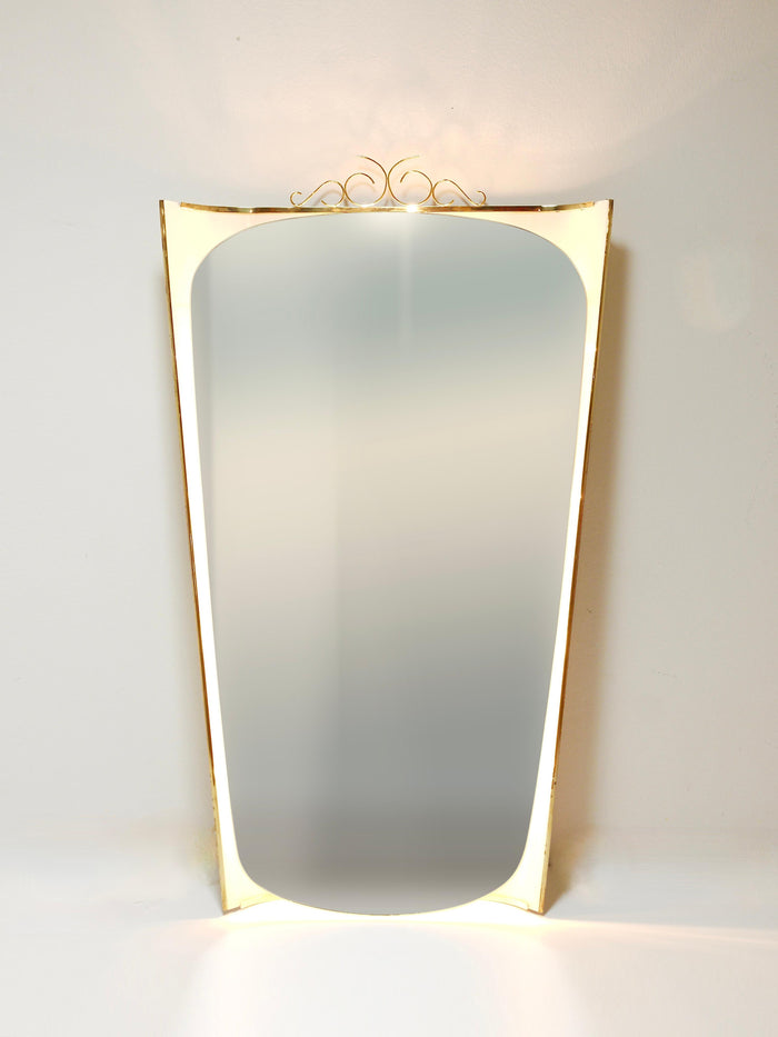 Ernest Igl Illuminated Mid-Century Wall Mirror with Brass Crown, by Hillebrand