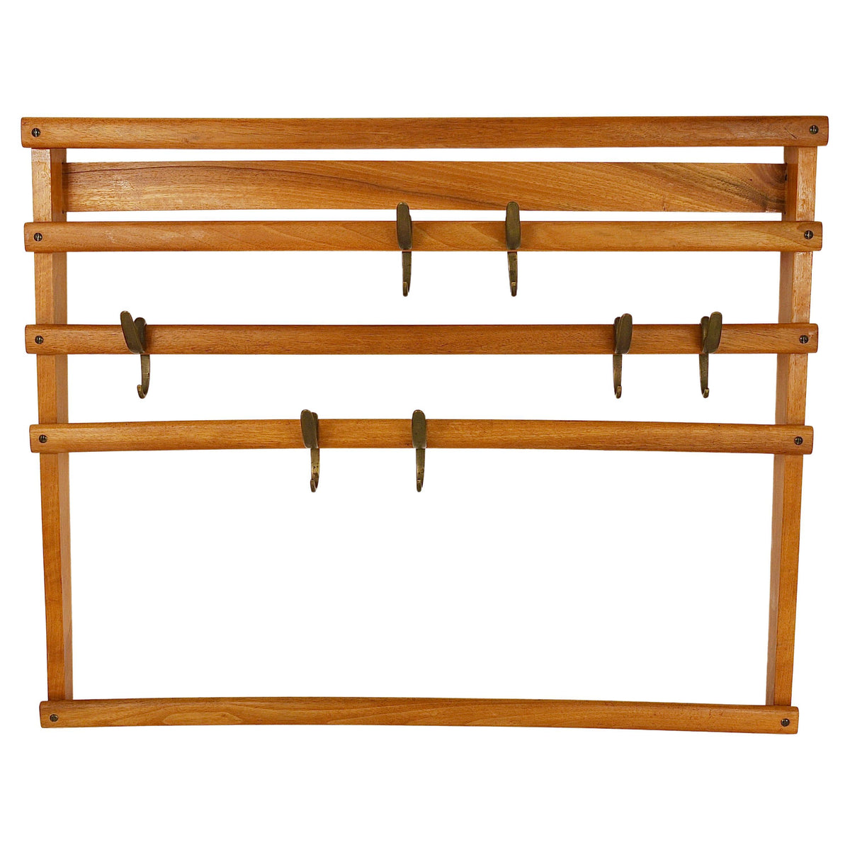 Attaccapanni Carl Auböck Mid-Century da parete in faggio con 7 gancetti in ottone, anni 1950