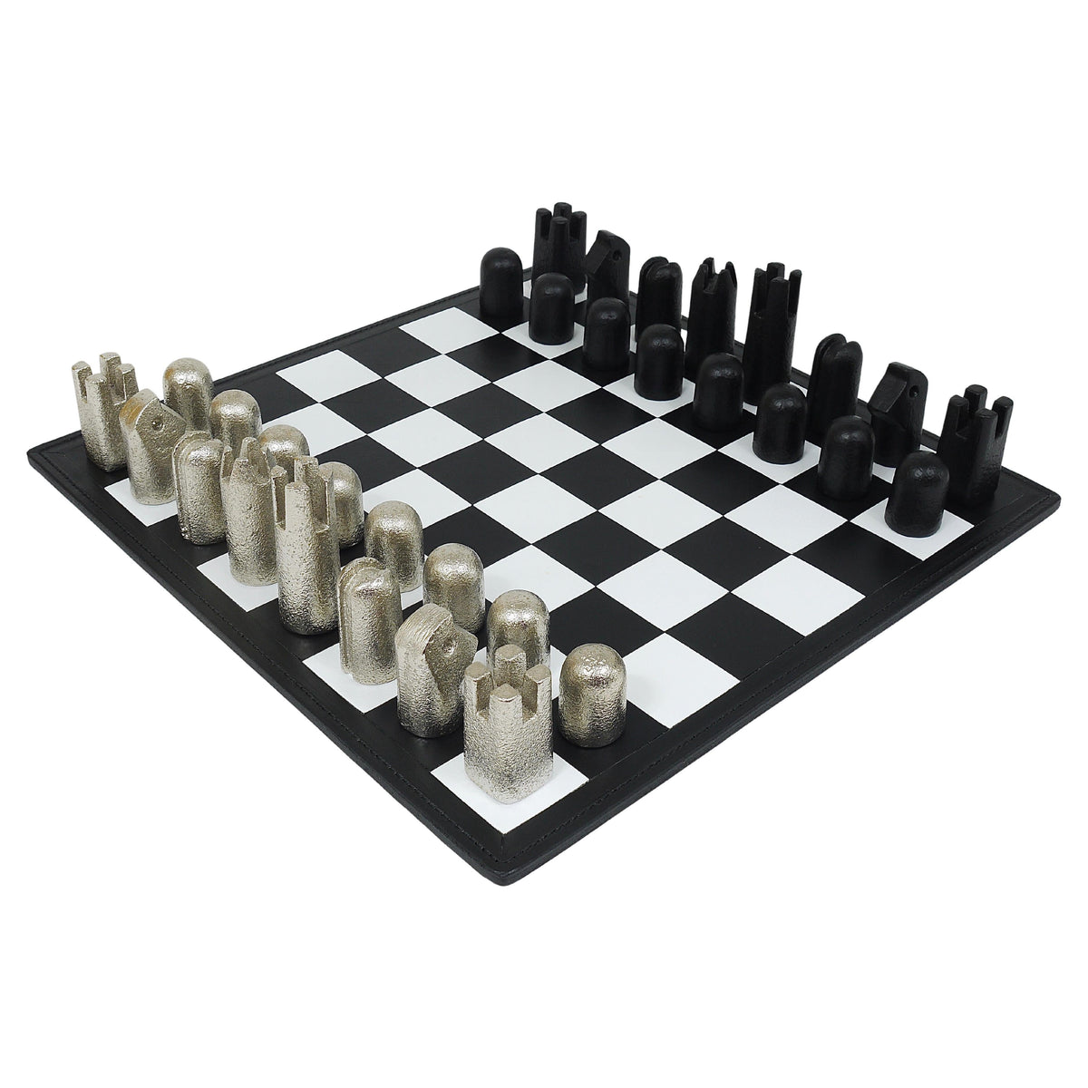 Jeu d'échecs moderniste Carl Auböck en fonte avec plateau en cuir fait main