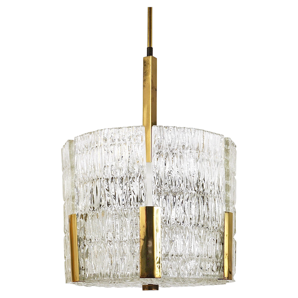 Lampadario Kalmar Tambour a tamburo, ottone, vetro ghiaccio lavorato, Austria, anni 1960
