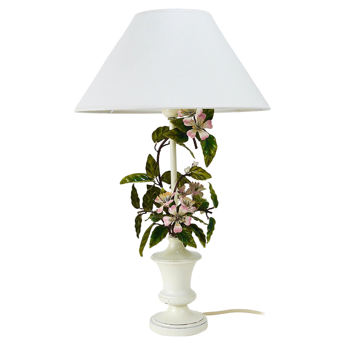 Lampada da tavolo Salvadori in toleware dipinta a mano con fiori di melo selvatico, Italia, anni 1950