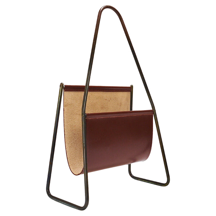 Carl Auböck II Midcentury Magazine Rack, Brass & Brown Leather, Vintage, Austria
