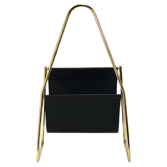 Carl Auböck II Midcentury Magazine Rack, Brass & Black Leather, Vintage, Austria