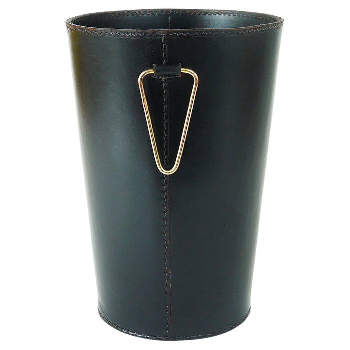 Mid-Century Carl Auböck Black Leather & Brass Wastepaper Basket, Austria, 1950s