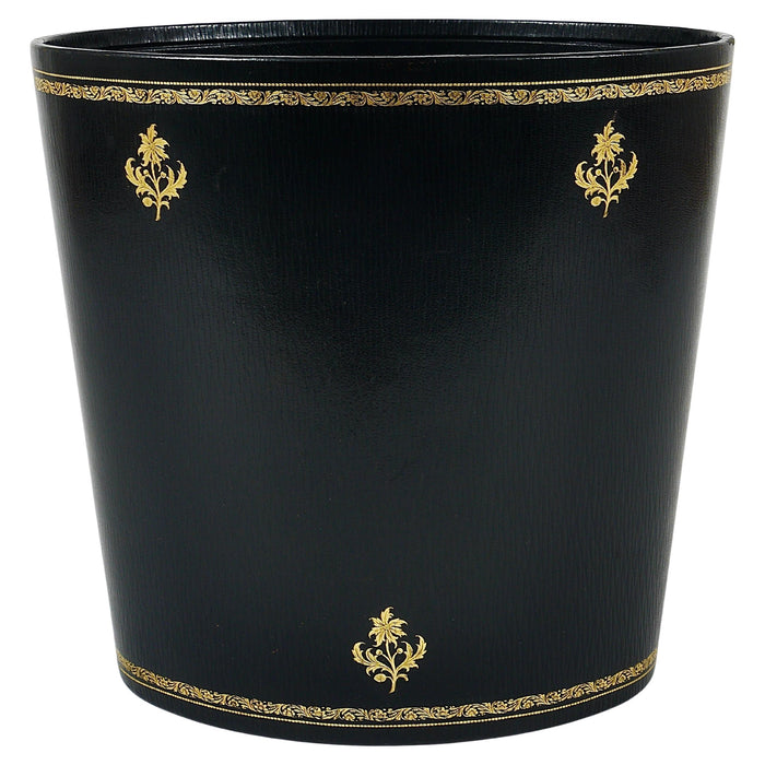 Morabito Paris Black & Gold Leather Wastepaper Basket Bin, France, 1970s