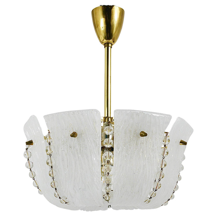 J.T. Kalmar Petite Curved Basket Chandelier, Brass & Glass, Austria, 1950s
